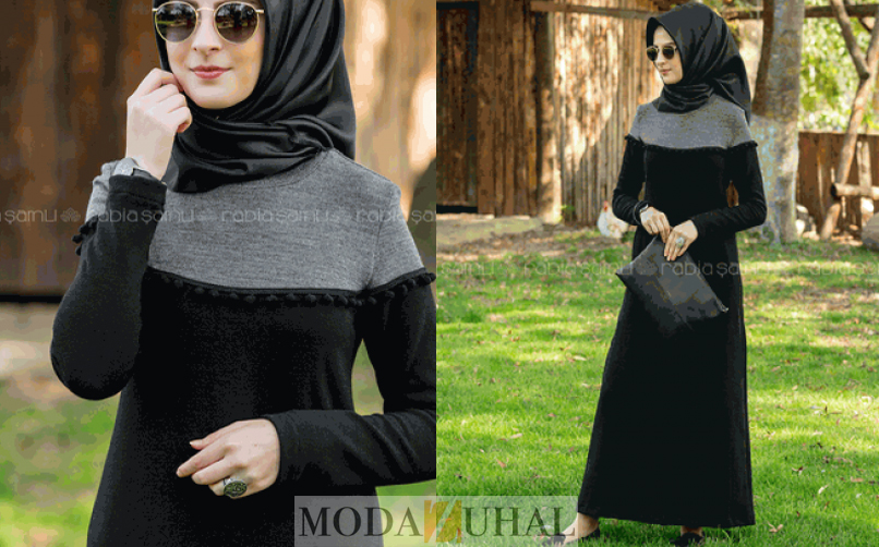 rabia şamli ponponlu elbise siyah